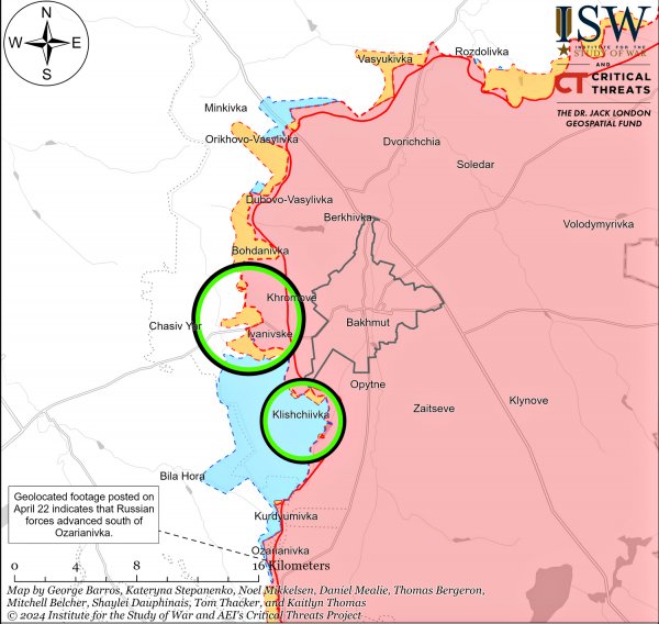 ISW zwrócił uwagę na próby ominięcia przez najeźdźców linii obronnej pozycje obrońców pod Czasowym Jarem (mapa )
