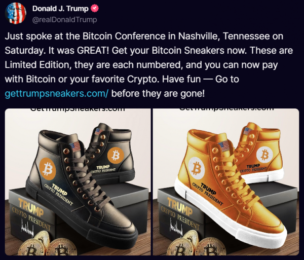 Trump wypuścił „trampki na bitcoiny” (zdjęcie) 