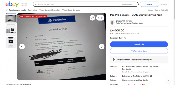 Limitowana- edycja PlayStation 5 Pro została zdemontowana w ciągu kilku minut. W serwisie Ebay konsole są odsprzedawane za ponad 13 000 dolarów” /></p>
</p>
<p>Równolegle eBay zaczął dodawać reklamy ostrzegające potencjalnych nabywców przed ofertami przelicytowanymi.</p>
<p>Rocznicowa konsola PS5 Slim, również szybko wyprzedana na stronie Sony, kosztowała 500 dolarów, a teraz sprzedawcy proszą o nią już od 1500 dolarów.</p>
<p style=