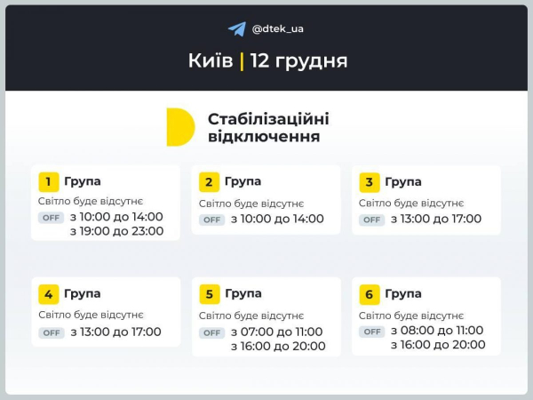 Графік вимкнення електроенергії на 12 грудня: коли не буде світла у четвер